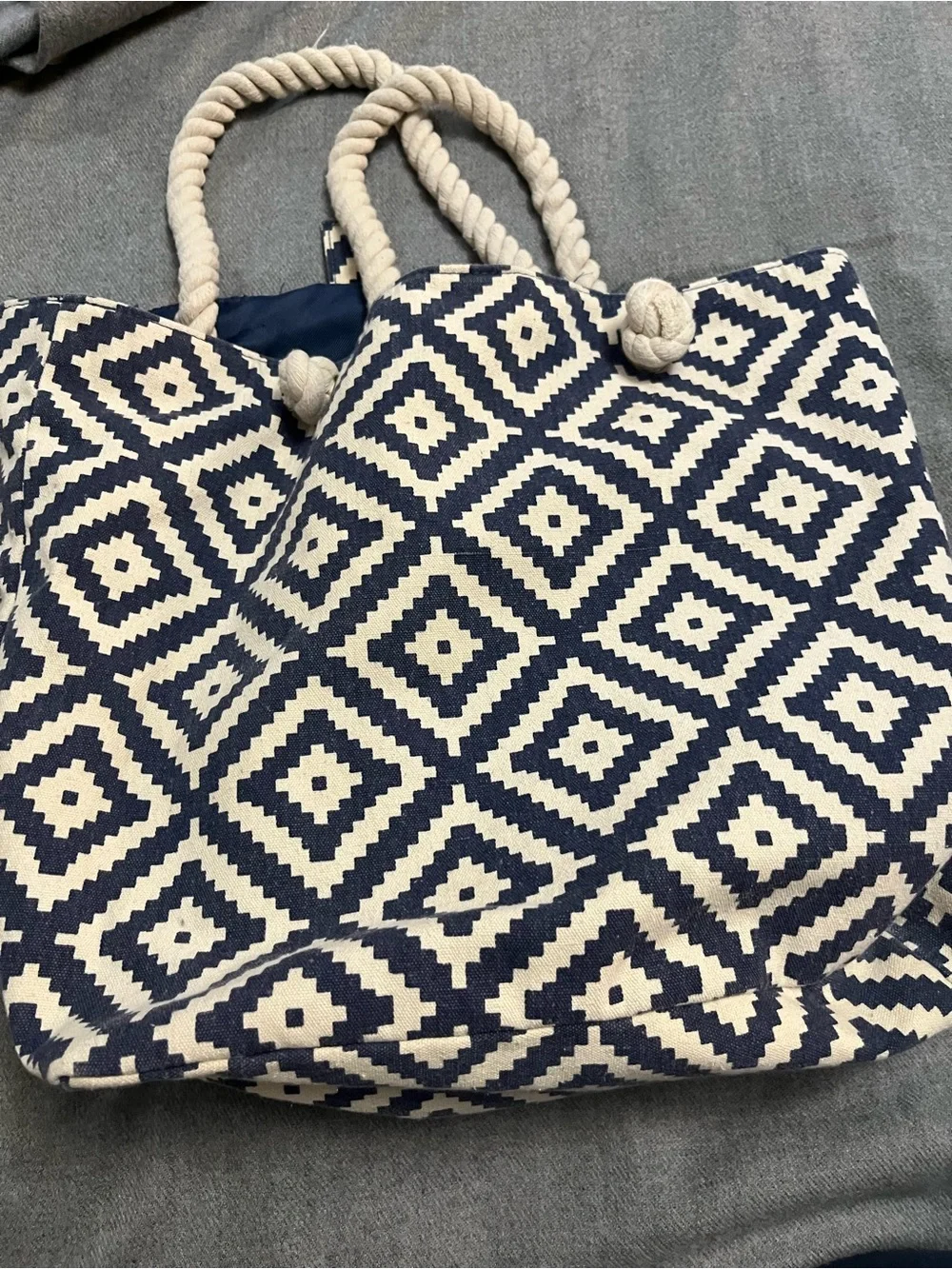 summer & rose Navy and Cream Geometric Rope-Handle Tote